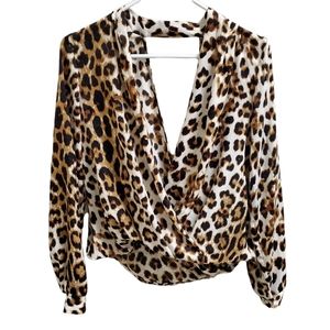 Lush Leopard Print Surplice Open Front Back Long Sleeve Blouse Brown Size Small